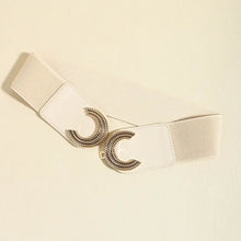 Cream-colored double C buckle elastic belt with silver crescent moon buckle