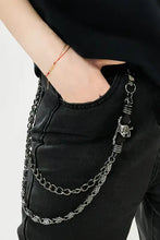 Double layer alloy chain belt with silver skull charm and black leather accents