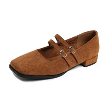 Brown suede square toe flats loafers with straps and buckles