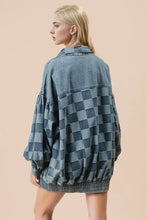 Checkered button denim jacket with smocked waistband and oversized sleeves