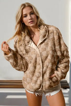 Double Take checkered long sleeve fuzzy jacket in beige faux fur with quilted patchwork and cream inner lining