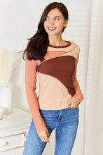 Double Take Color Block Exposed Seam Long Sleeve Top Brown Woman Blouses