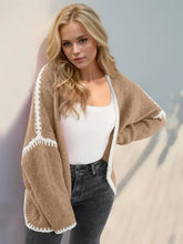 Double Take Contrast Open Front Dropped Shoulder Cardigan Tan Woman Outerwear