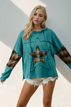 Teal drawstring plaid star patch long sleeve hoodie with plaid sleeves