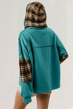 Teal long sleeve hoodie with drawstring plaid star hood and patches