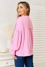 Double Take Exposed Seam Buttoned Notched Neck Blouse Woman Blouses