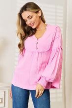 Double Take Exposed Seam Buttoned Notched Neck Blouse Woman Blouses