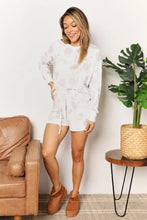 White tie-dye double take floral long sleeve top and shorts loungewear set with sleeve length and drawstring waist