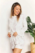 White leaf-patterned double take floral long sleeve top and shorts loungewear set with tie-waist shorts loungewear design
