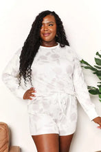 White leaf-patterned double take floral long sleeve top and shorts loungewear set with short sleeve length and soft fabric