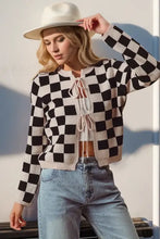 Full-size checkered tie-front long sleeve cardigan in black and white squares