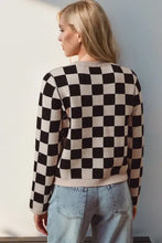 Double Take full size checkered tie front long sleeve cardigan in black and white squares