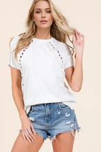 Womens white short sleeve t-shirt with cutouts and round neck in full size