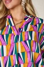 Double take full size geometric notched dolman sleeve top with vibrant purple teal orange and white stripes for jeans size