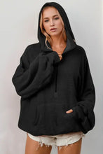 Double Take Full Size Half Zip Long Sleeve Hoodie with Kangaroo Pocket Black Woman Sweatshirts