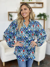 Double take full size printed balloon sleeve blouse in vibrant blue green and red ikat pattern with long sleeves and v-neckline
