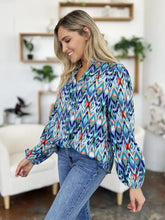 Double take full size printed balloon sleeve blouse in vibrant blue red and teal ikat pattern with long sleeves