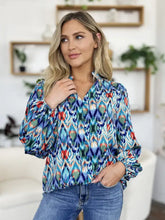 Double take full size printed balloon sleeve blouse with vibrant blue red and green ikat pattern and long sleeves