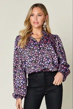 Double take full size printed balloon sleeve shirt with vibrant purple floral pattern on dark background for versatile styling with jeans size options