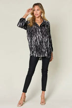 Double Take full size printed button up long sleeve shirt with black and white zebra-striped sequined fabric