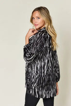 Black and white tie-dye printed button up long sleeve blouse with high neckline in double take collection