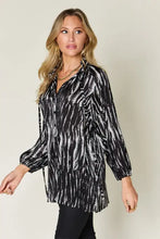 Black and white tie-dye double take full size printed button up long sleeve blouse with full coverage design