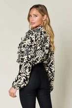 Black and cream double take full size printed ruffle trim balloon sleeve blouse with high neck floral design perfect for jeans size matching