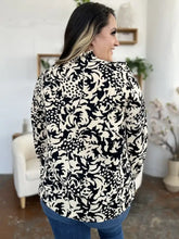Black and cream floral double take full size printed ruffle trim balloon sleeve blouse with high collar for jeans size guidance