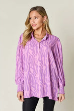 Double take full size printed smocked long sleeve blouse plus size in lavender zebra print with puffed sleeves and elasticated cuffs suitable for jeans size styling