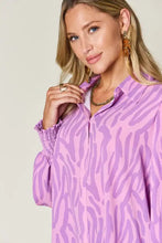 Double take full size printed smocked lavender blouse with bold zebra print and ruffled sleeves for jeans size styling