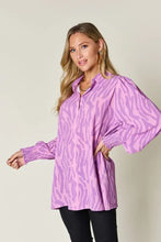 Lavender and pink zebra-print blouse with long puffy sleeves from double take in plus size for jeans size styling