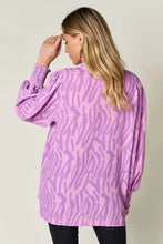 Double take full size printed smocked long sleeve blouse plus size in lavender zebra print with puffed sleeves and smocked cuffs ideal for jeans size