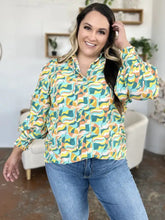Double Take full size printed smocked long sleeve blouse with bold teal yellow and orange abstract wave pattern on lightweight fabric
