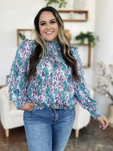 Double take full size printed smocked long sleeve blouse in teal and purple with a high neck and puffed sleeves