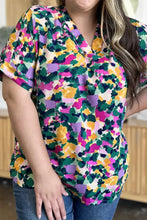 Vibrant floral print double take full size printed v-neck short sleeve blouse with ruffled collar for jeans size options