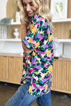 Double take full size printed v-neck short sleeve side slit top with bold abstract floral print for jeans size styling