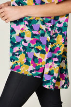 Double Take full size printed v-neck short sleeve top with bold abstract floral print in green pink purple and yellow lightweight fabric