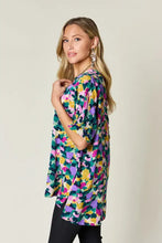 Double take full size printed v neck top with colorful abstract floral pattern ideal for casual jeans size outfits