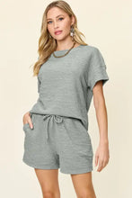 Gray textured knit Double Take short sleeve T-shirt and drawstring shorts set