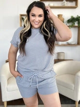 Light blue textured knit Double Take loungewear set with drawstring shorts