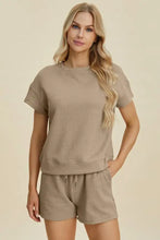 Double Take beige textured knit two-piece set with geometric pattern and drawstring waist