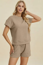 Beige ribbed knit Double Take two-piece set with geometric pattern and drawstring waist