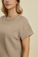 Beige Double Take textured herringbone short-sleeve top, ribbed cuffs