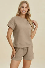 Beige ribbed knit Double Take two-piece set with geometric pattern