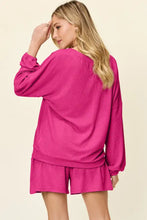 Vibrant fuchsia Double Take ribbed V-neck long sleeve top and shorts set