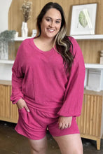 Cozy pink Double Take ribbed V-neck long sleeve top and shorts set