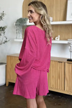 Vibrant fuchsia Double Take ribbed knit V-neck long sleeve top and shorts set