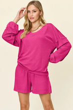 Fuchsia ribbed knit Double Take V-neck long sleeve T-shirt and shorts set