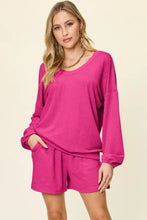 Vibrant fuchsia Double Take ribbed knit V-neck long sleeve top and shorts set