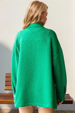 Green oversized textured shacket with frayed hem and button-down collar